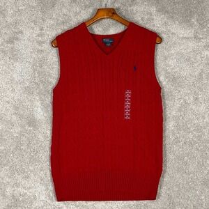 Ralph Lauren Boy's Polo Cable Knit Red Sweater Vest Cotton V-Neck Size XL 18-20